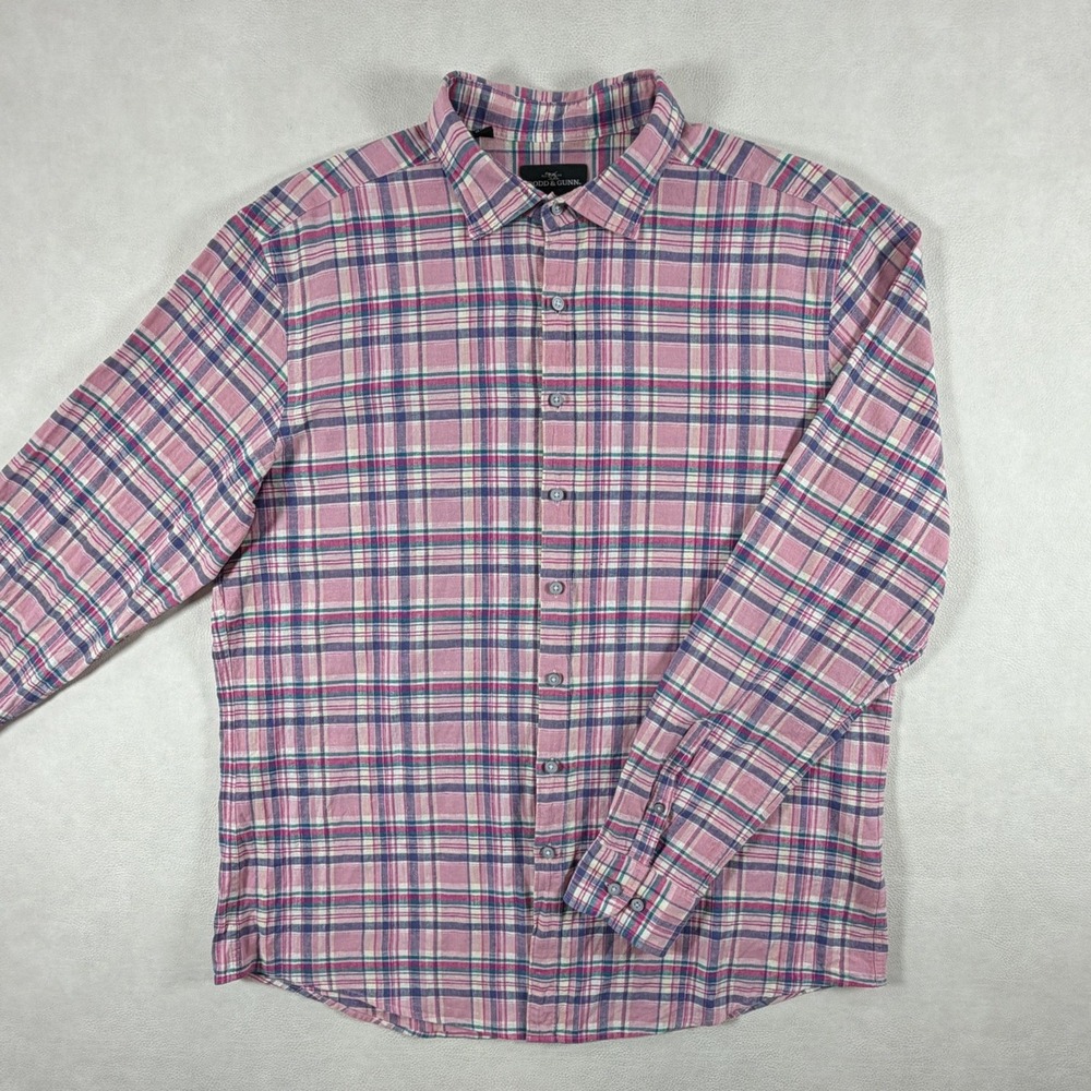 Rodd & Gunn Mens 2XL Button Down Pink Purple Plaid Linen Blend Sports Fit Shirt